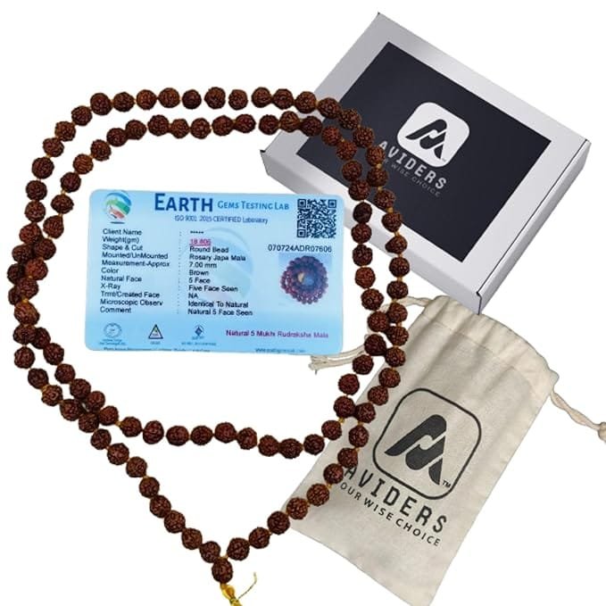 AVIDERS™ Original 5 Mukhi Rudraksha Mala 108+1 beads with Lab Certificate 7mm Brown Panchmukhi Necklace for Meditation and Spiritual Growth